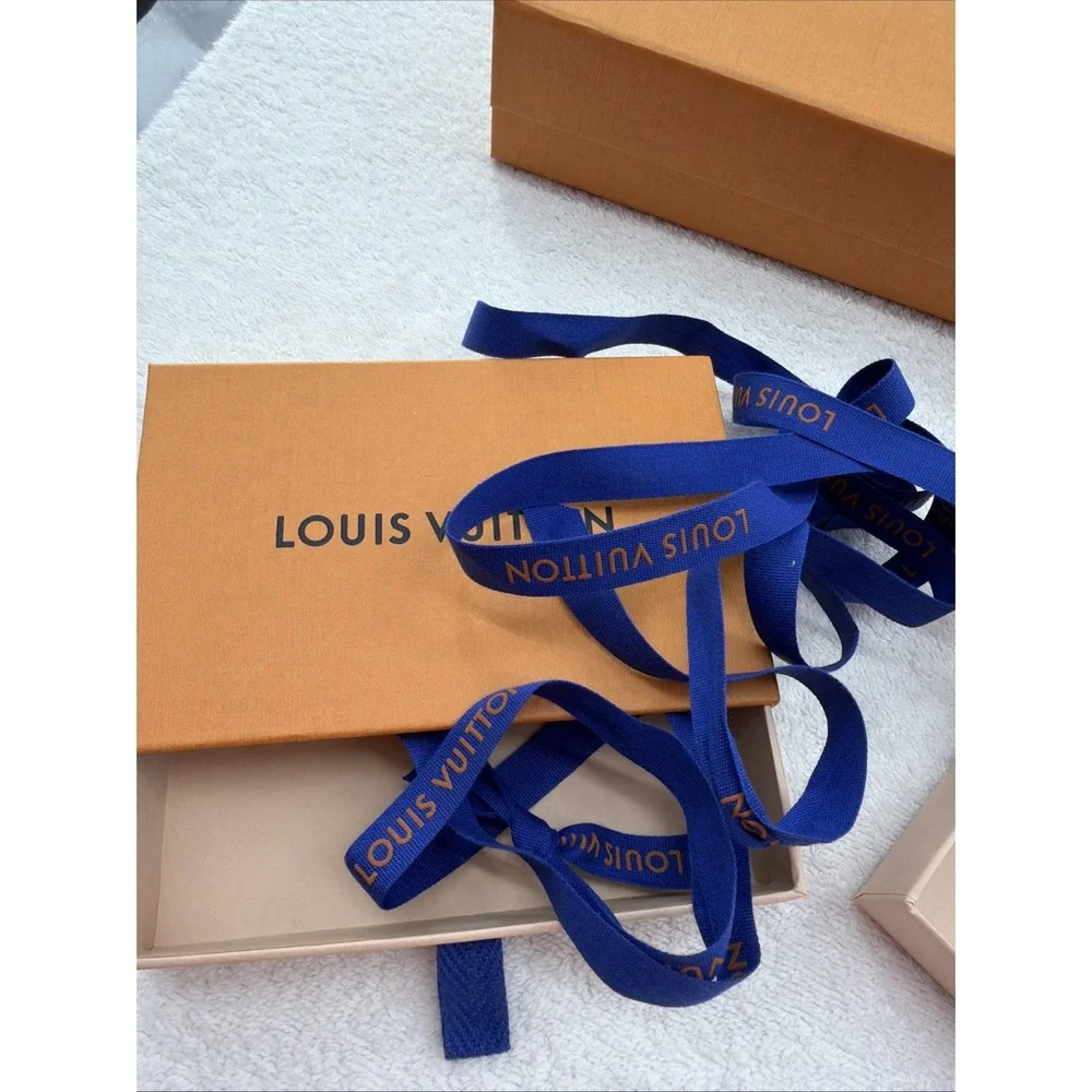 Empty Louis Vuitton Orange Gift Box Set of 4 w/ Blue Ribbon, Rectangle Cardboard